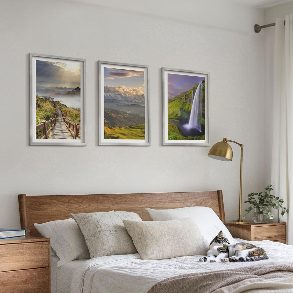 BILDER SET 3er Set - 40x60 cm Silberner Rahmen - Berglandschaften Wasserfall - Silberfarben, Kunststoff (40/60cm) - TULUP