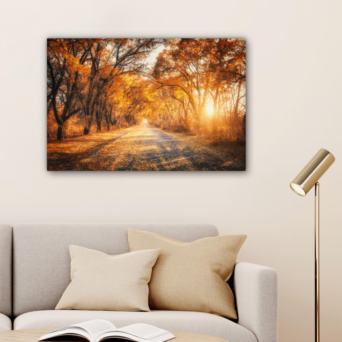 LEINWANDBILD Wald - Herbst - Bäume - Waldweg - Natur Gemälde 60x40 cm - Bernsteinfarben, Textil (60/40cm) - MuchoWow