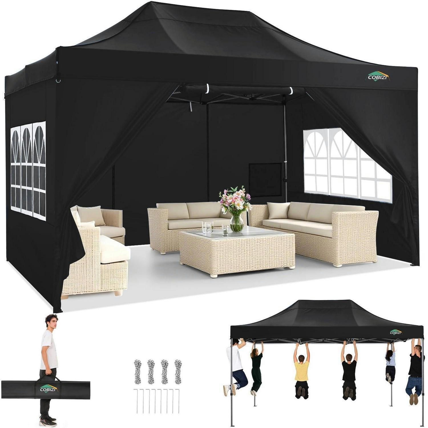 FALTPAVILLON 3x4.5m Wasserdicht mit 4 Seitenteilen Schwarz - Schwarz, Textil (300/330/450cm)