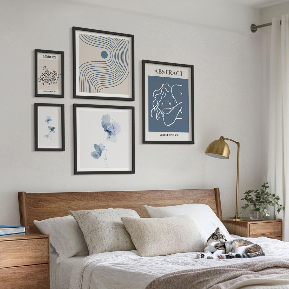 BILDER SET 5er Set - 50x50 cm & 20x30 cm & 40x60 cm Schwarzer Rahmen - abstrakte Poster mit Blumenlinien - Schwarz, Kunststoff (40/60cm) - TULUP