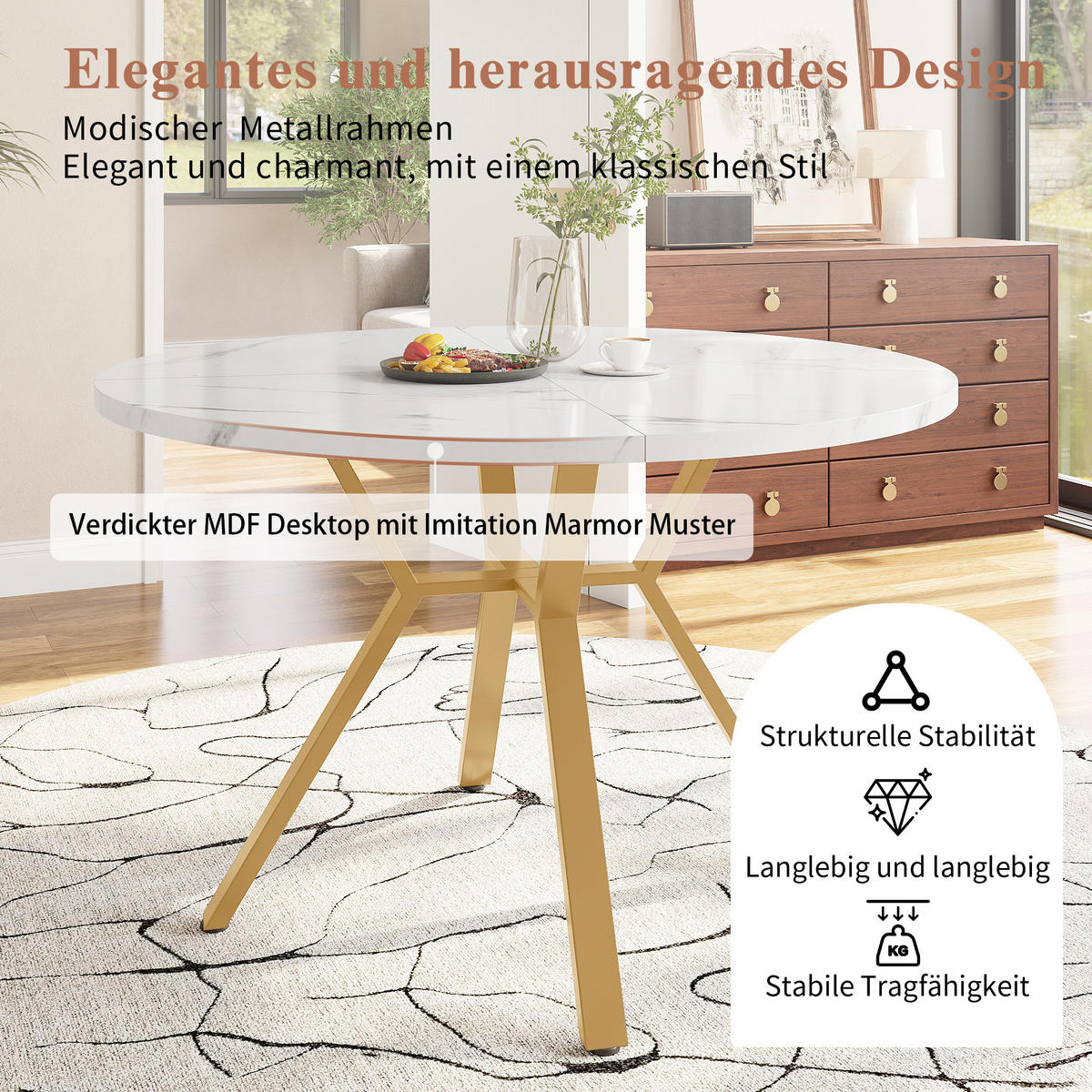 ESSTISCH rund 100 cm weiß aus MDF mit X-förmiger goldfarbener Metallhalterung - Weiß, Holzwerkstoff (100/100/75cm) - OKWISH