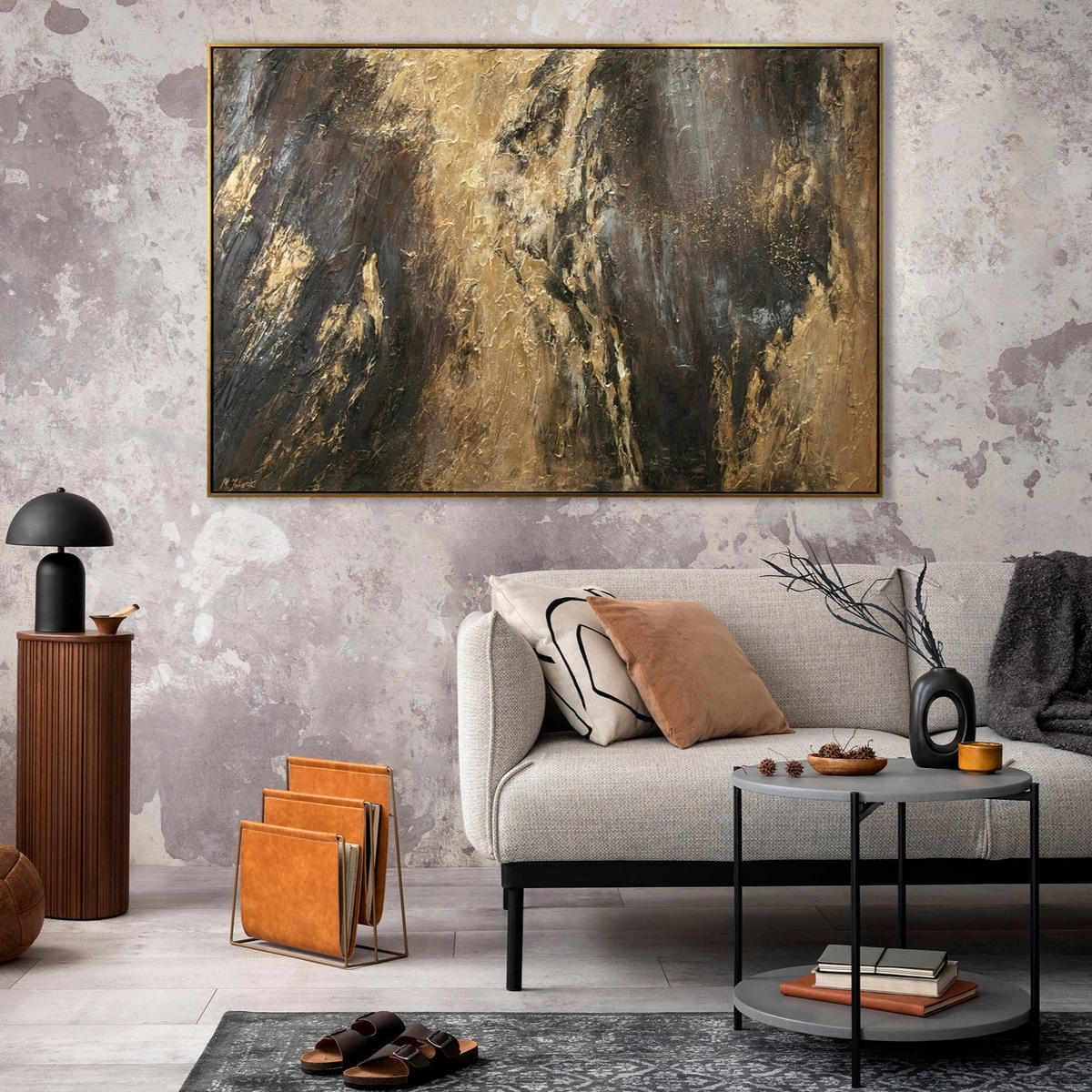GEMÄLDE Spiegelungen III Schattenfugenrahmen Schwarz-Gold 140x100 cm - Schwarz Hochglanz, Holz (140/100cm) - YS-art gallery