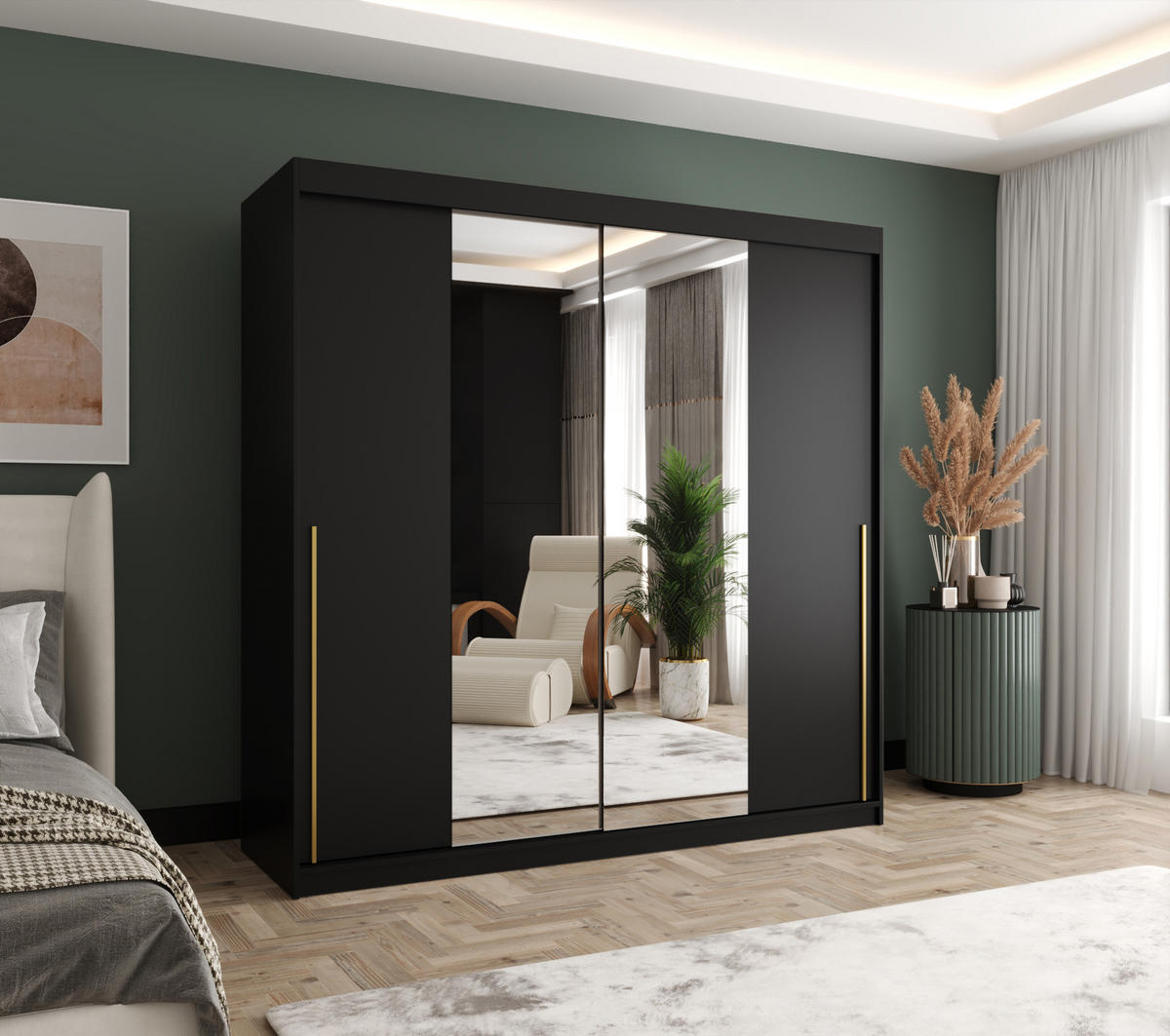 SCHIEBETÜRENSCHRANK mit Spiegel 200 cm Breite, schwarz mit goldenem Griff - Goldfarben/Schwarz, Holzwerkstoff (200/200/62cm) - Home Collective
