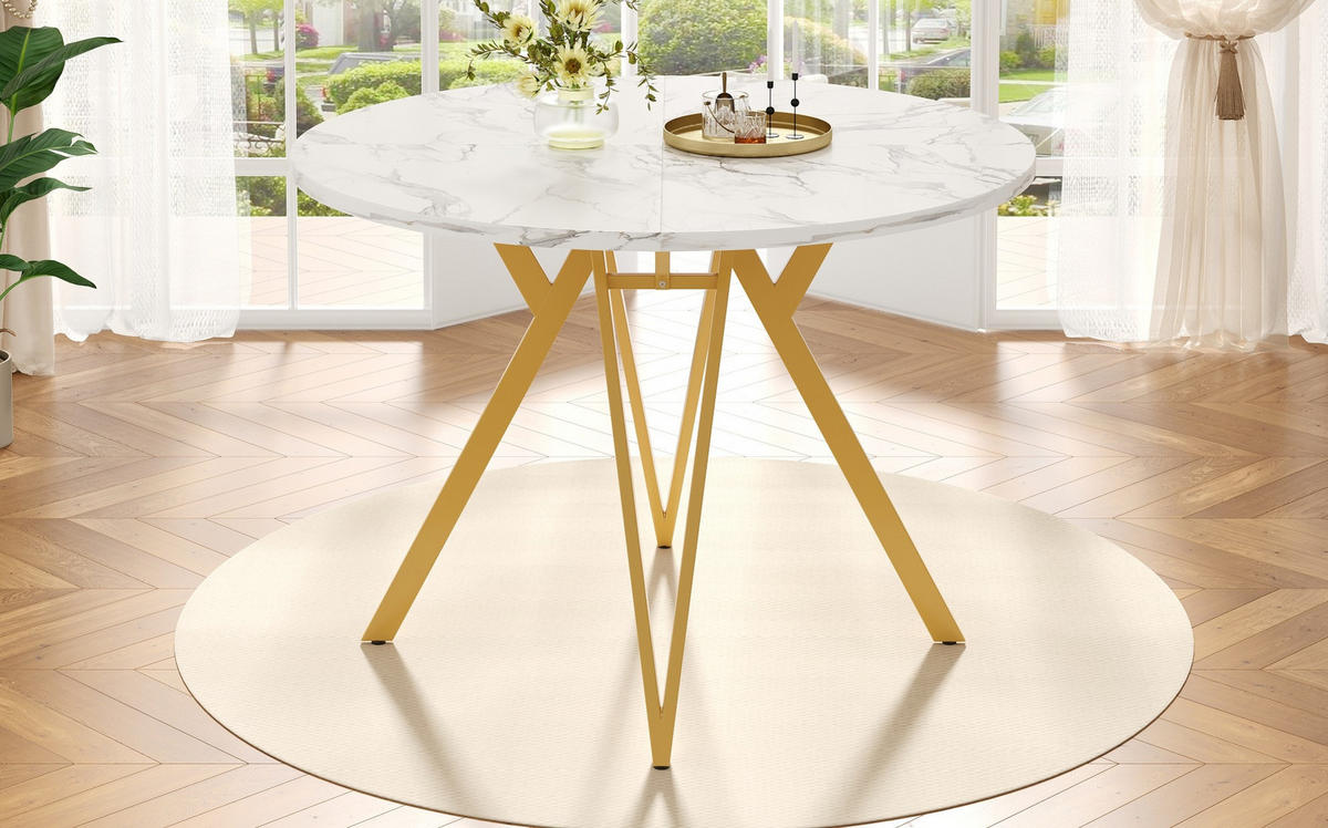 ESSTISCH 100x100x76 cm in Weiß und Gold aus MDF mit Marmoroptik auf goldenem Metallgestell - Goldfarben, Holzwerkstoff (100/100/76cm) - Modfu