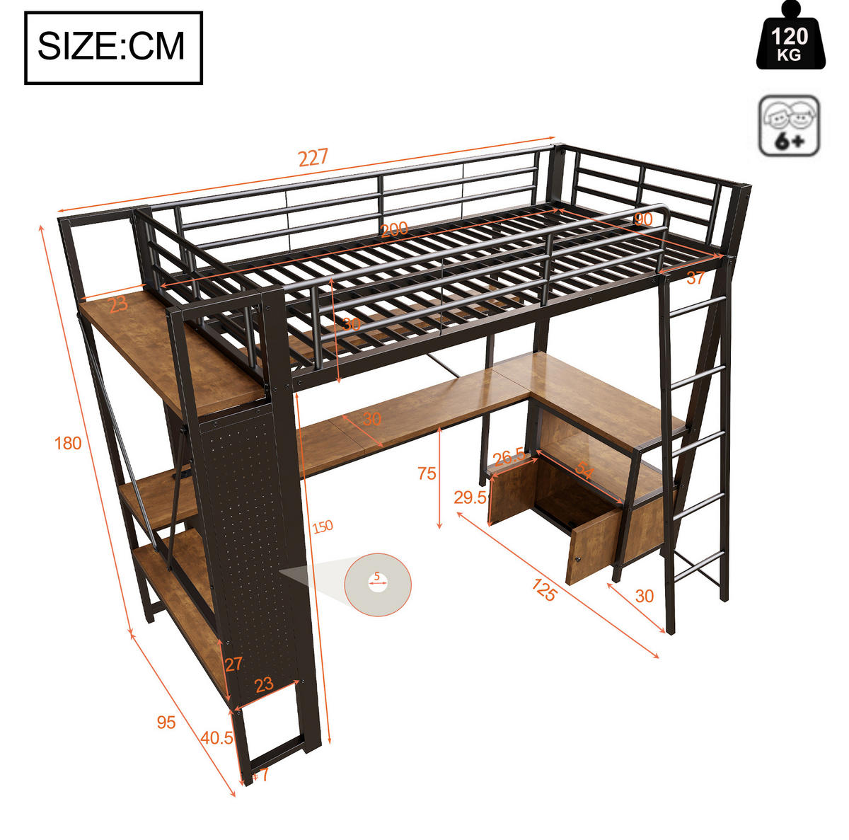 HOCHBETT 90/200 cm schwarz aus Metall und MDF mit LED, Schreibtisch und Stauraum - Schwarz, Metall (90/200cm) - OKWISH