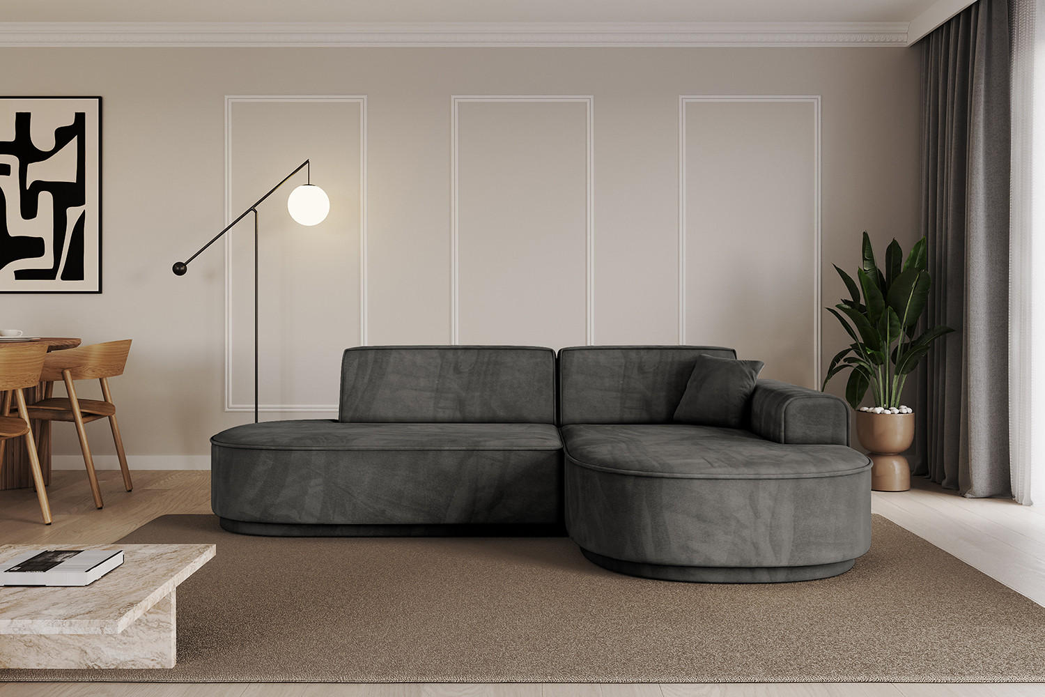 ECKSOFA Ottomane Rechts MARI-L1-v3 - 243x171x83 cm Dunkelgrau Velours - Dunkelgrau/Schwarz, Holzwerkstoff/Kunststoff (171/243cm) - ALTDECOR