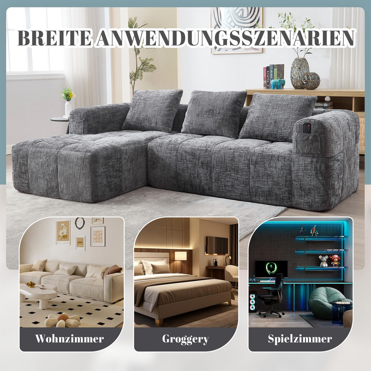 ECKSOFA chenille L-form mit chaiselongue & 3 kissen - Grau, Textil (250/158cm) - Urban Meuble