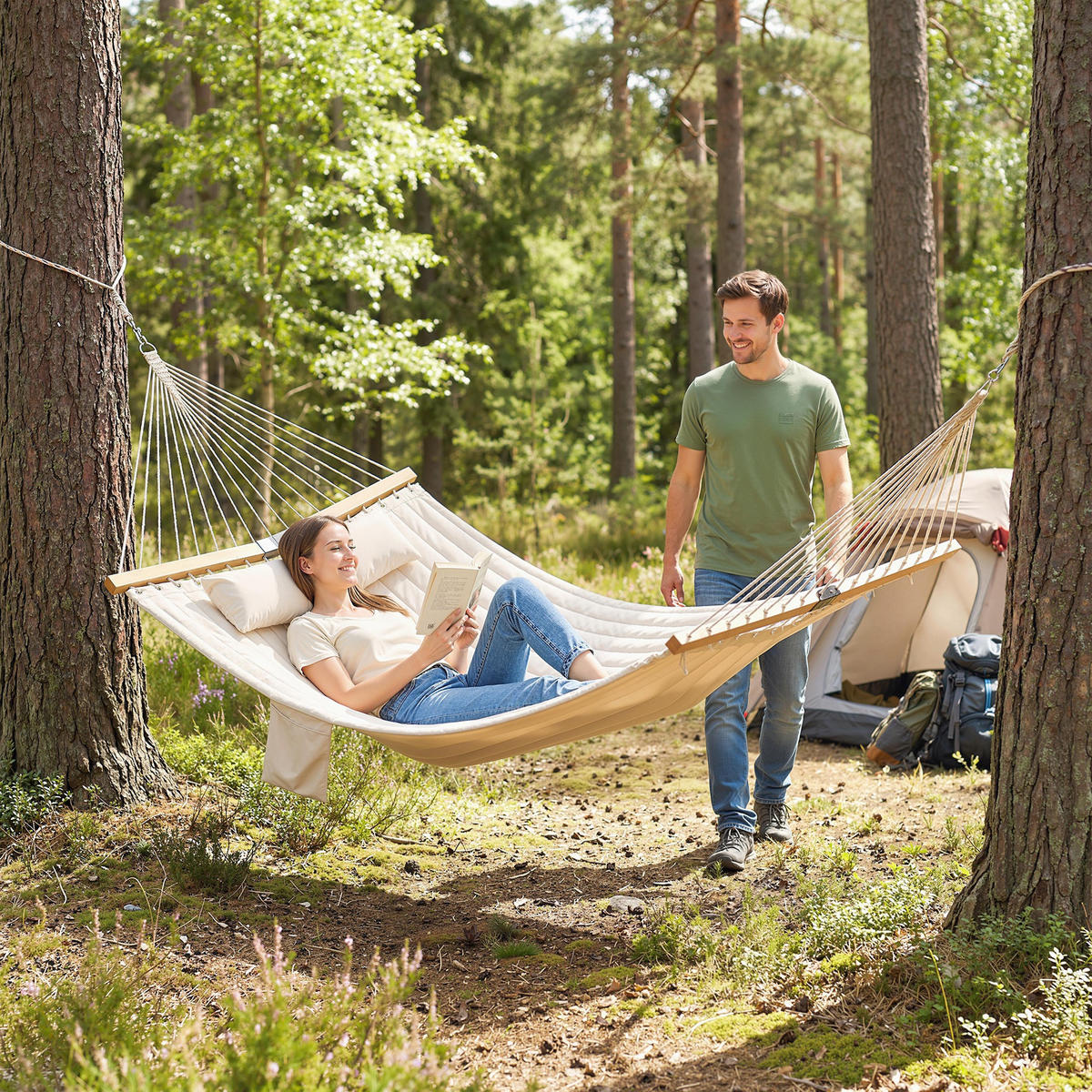 HÄNGEMATTE DE-06760 zweilagig mit Kopfstütze - Creme, Holz/Textil (325/2.5/140cm) - ComfortXL