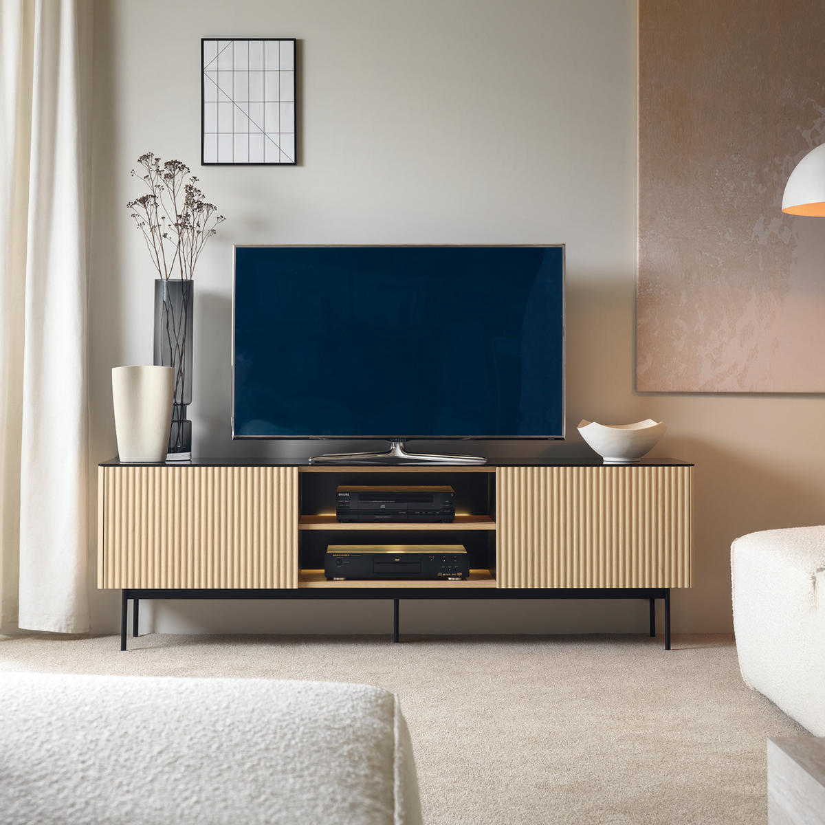 TV LOWBOARD OLDEN RTV1 Glasplatte Eiche - Eichefarben, Glas/Holzwerkstoff (180/52/39cm) - Komodee