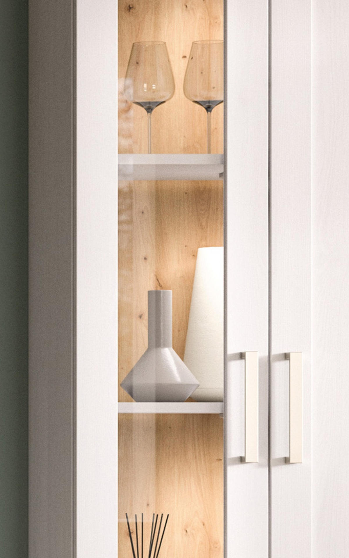 WOHNWAND 4-teilig weiß Lärche, Eiche Artisan 336 cm Landhaus, Schrankwand mit viel Stauraum - Silberfarben/Schwarz, Glas/Holzwerkstoff (336/161/40cm) - Inn.Furn