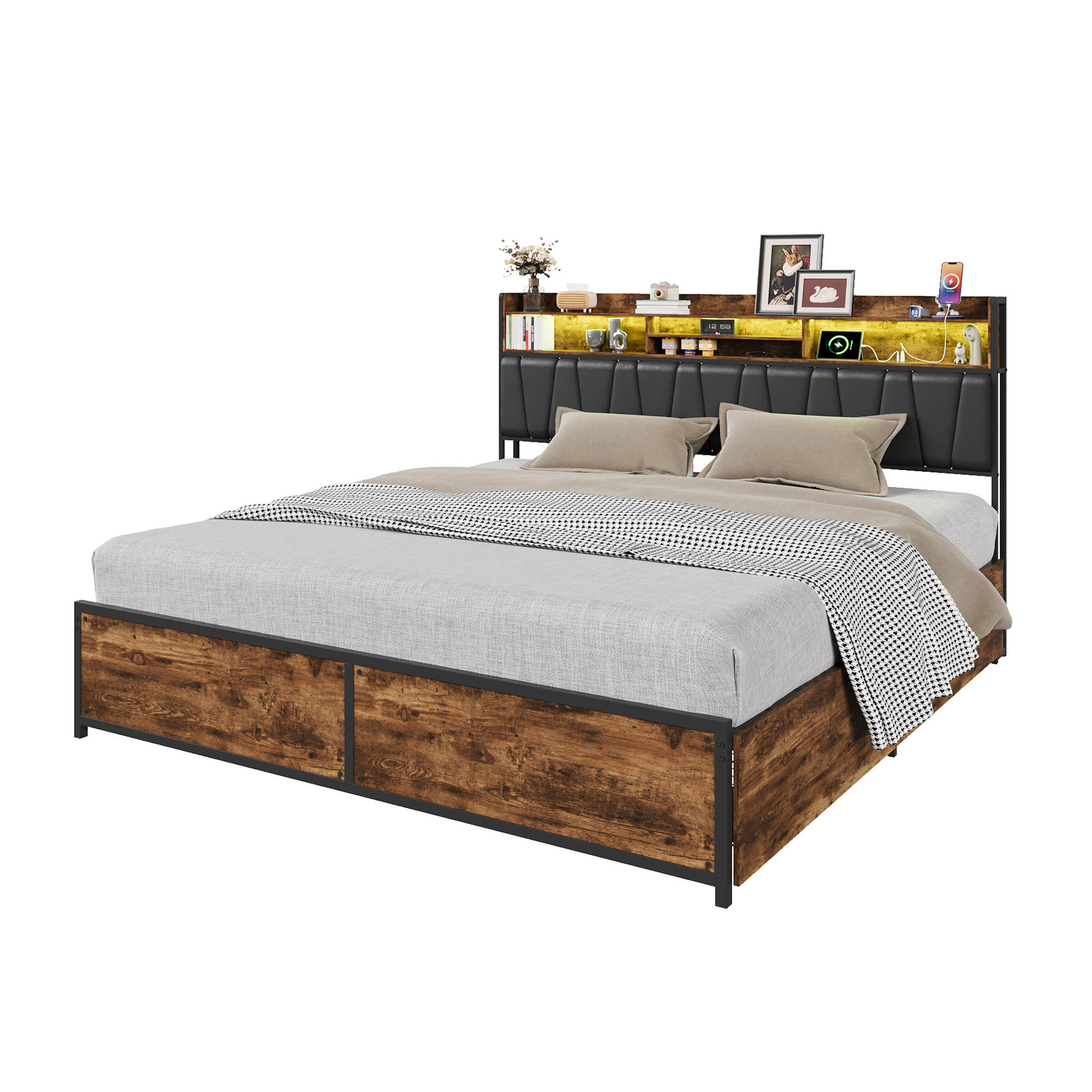POLSTERBETT 140x200 cm mit Stauraum, LED-Beleuchtung und Schubladen - Braun, Holz (140/200cm) - SHOPENTRA