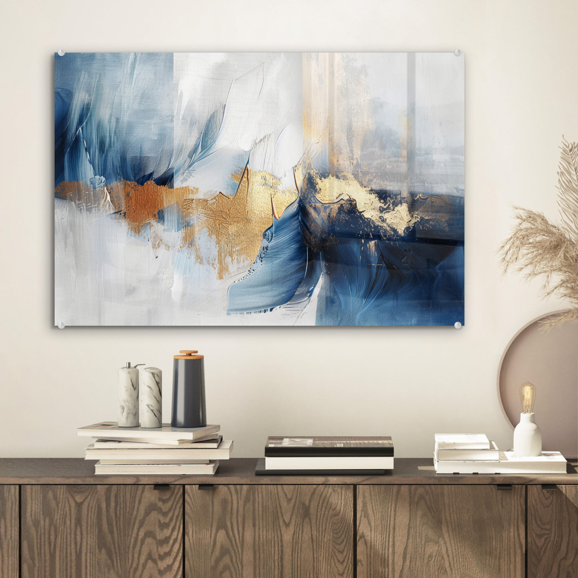 ACRYLGLASBILD Gold - Blau - Aquarell - Kunst - Modern 60x40 cm - Hellblau, Glas (60/40cm) - MuchoWow