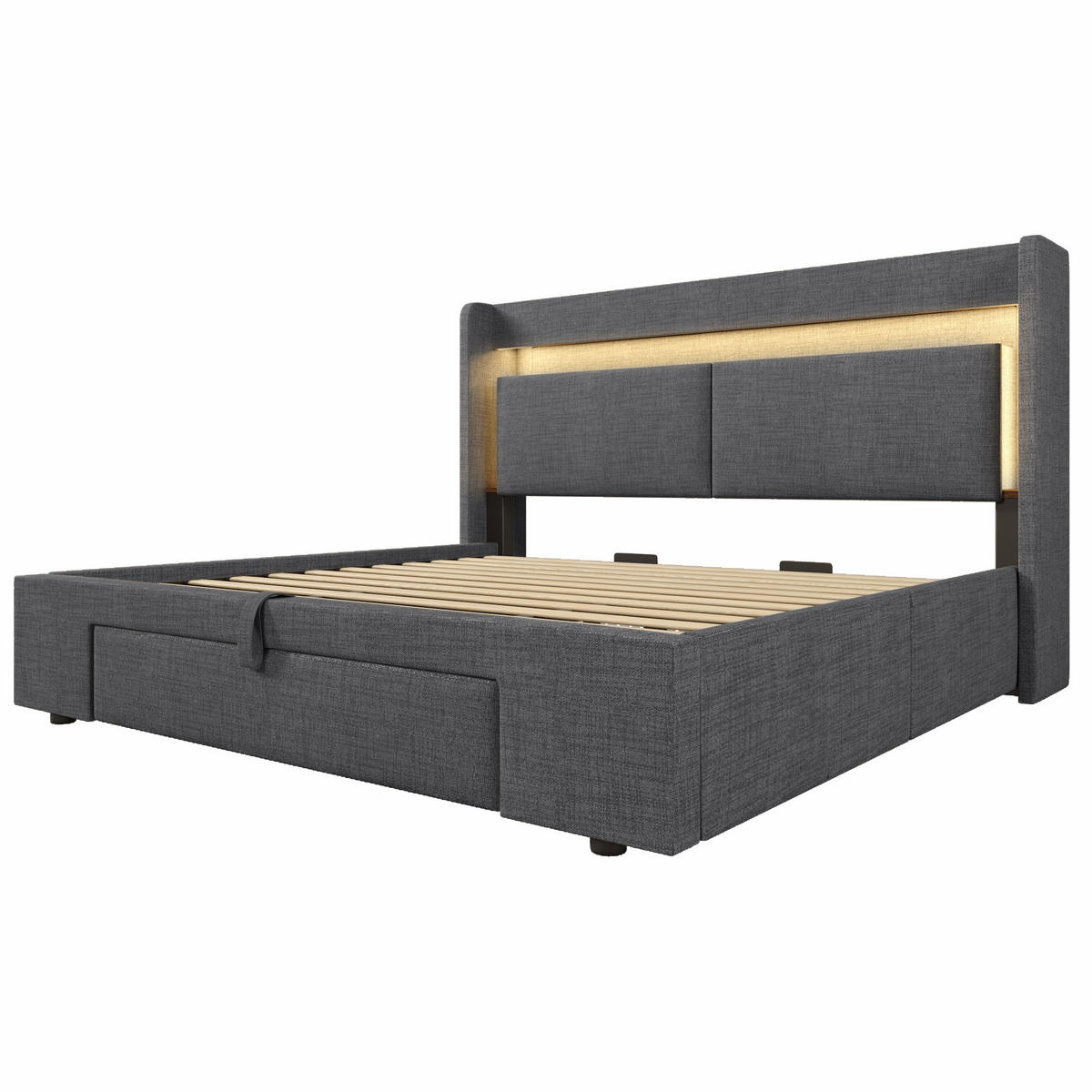 POLSTERBETT aus Leinen 180x200 cm in Grau mit LED & USB-C-Ladestation - Grau, Textil (180/200cm) - Modfu