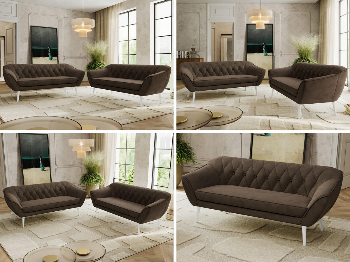 SEDACÍ SOUPRAVA 3+3 PIRS - Hnědá Samet - Bílé nohy - bílá/tmavě hnědá, kompozitní dřevo/textil (180/75/74cm) - MKS