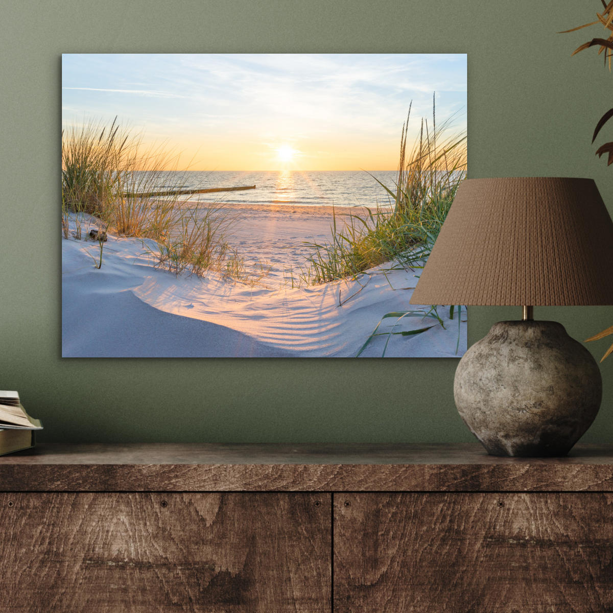 KOVOVÝ OBRAZ Pláž - Slnko - Duny - Tráva - Piesok - Horizont 40x30 cm - svetlomodrá, kov (40/30cm) - MuchoWow