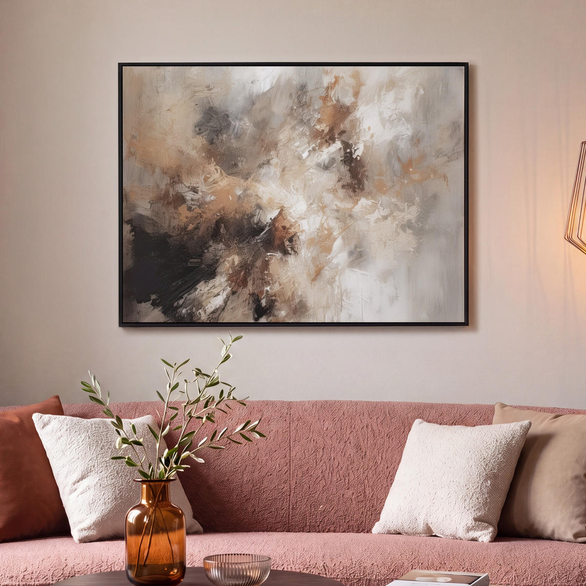 LEINWAND Bilder mit Rahmen - Farbe - Abstrakt - Beige - Kunst - 100x70 - Greige, Textil (100/70cm) - MuchoWow