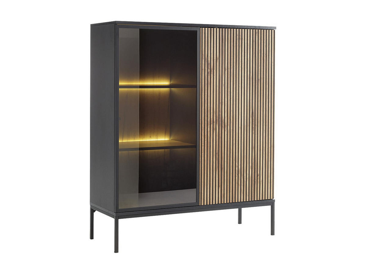 VITRINENSCHRANK - 2 Türen - mit LED-Beleuchtung - MDF & Rauchglas - Schwarz & Holzfarben - OVILA - Schwarz, Glas (103.5/125.5/39cm) - Vente-Unique