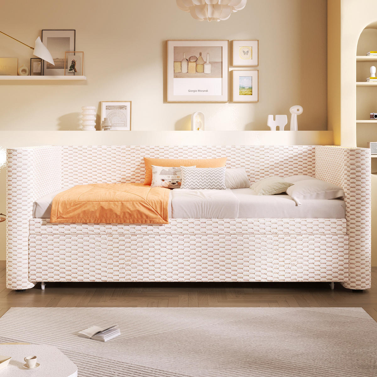 POLSTERBETT 90/200 cm mit Ausziehfunktion, LED-Beleuchtung und Samtbezug, Beige - Beige, Textil (90/200cm) - Redom