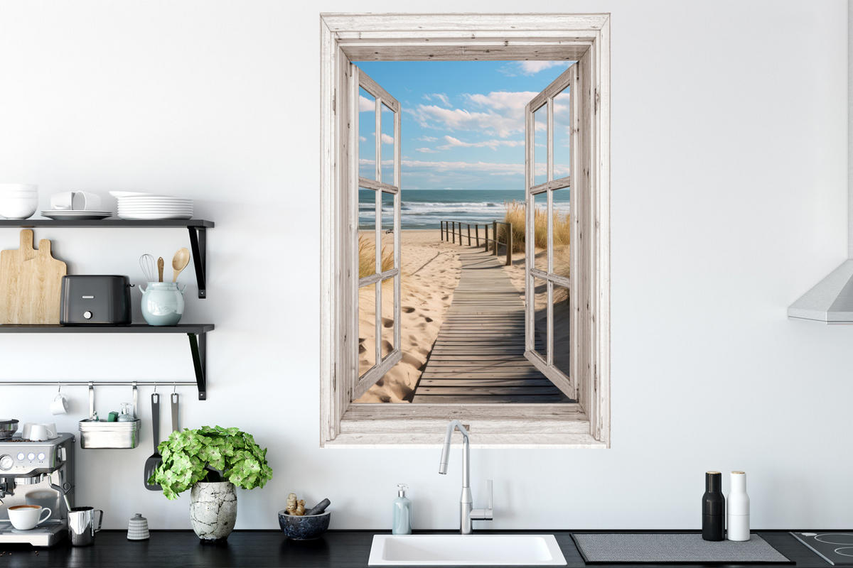 WANDTATTOO Fenster - Meer - Küste - Natur - Ausblick - Strand - Wattenmeer 80x120 cm - Beige, Kunststoff (80/120/0.1cm) - MuchoWow