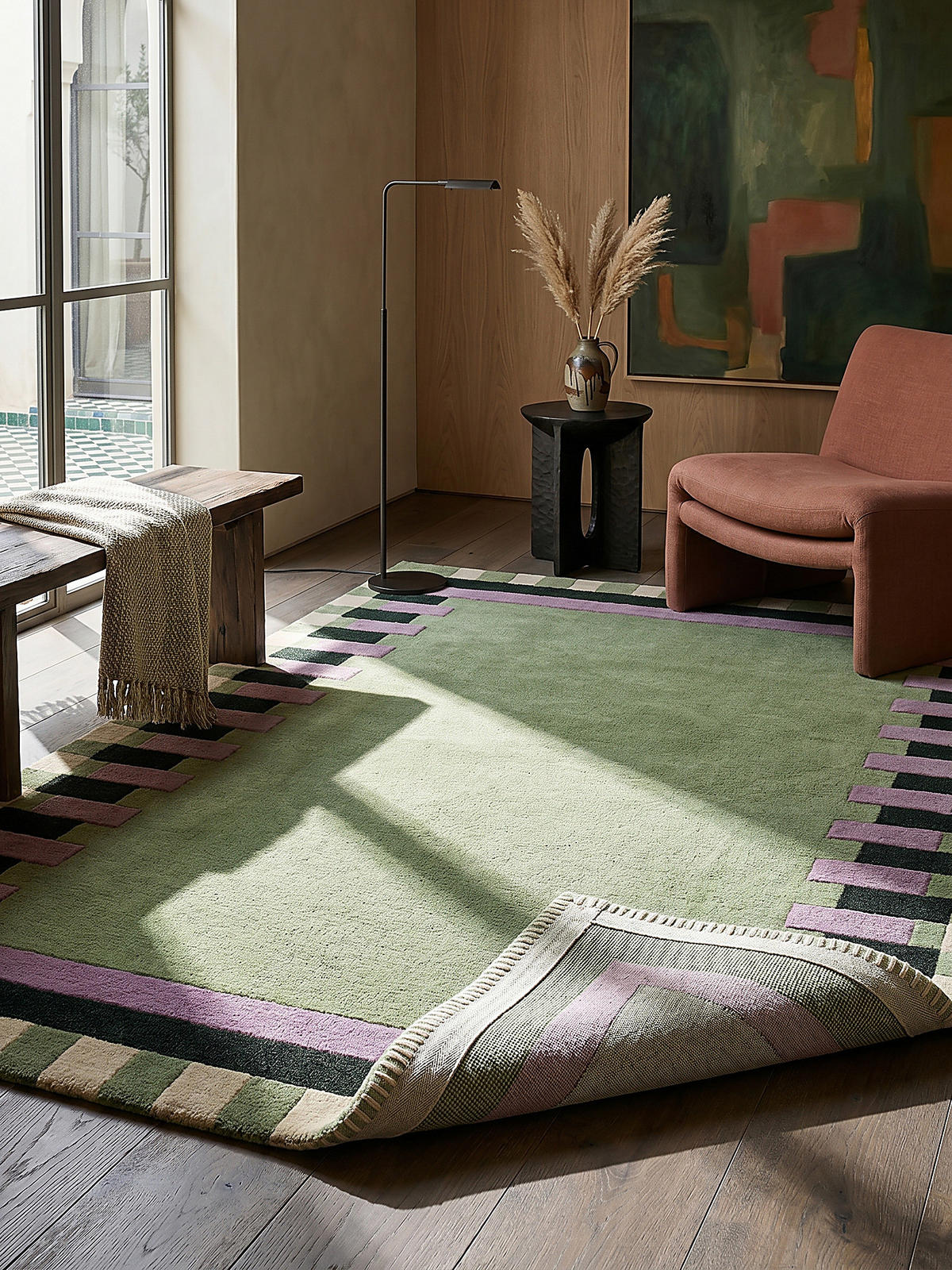 WOLLTEPPICH Geometrisches Muster, Rahmen, Wohnzimmer schmutzabweisend Grün-Lila Rechteckig 160x230 - Grün, Textil (230/160cm) - KADIMA DESIGN