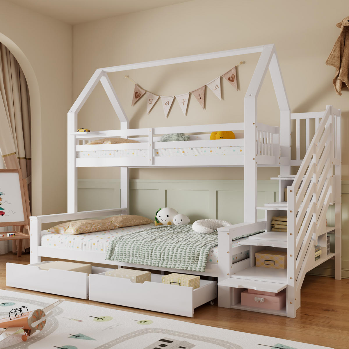 ETAGENBETT 90/200 cm und 140/200 cm Weiß mit Dachdesign und Stauraum - Weiß, Holzwerkstoff (90/200cm) - OKWISH