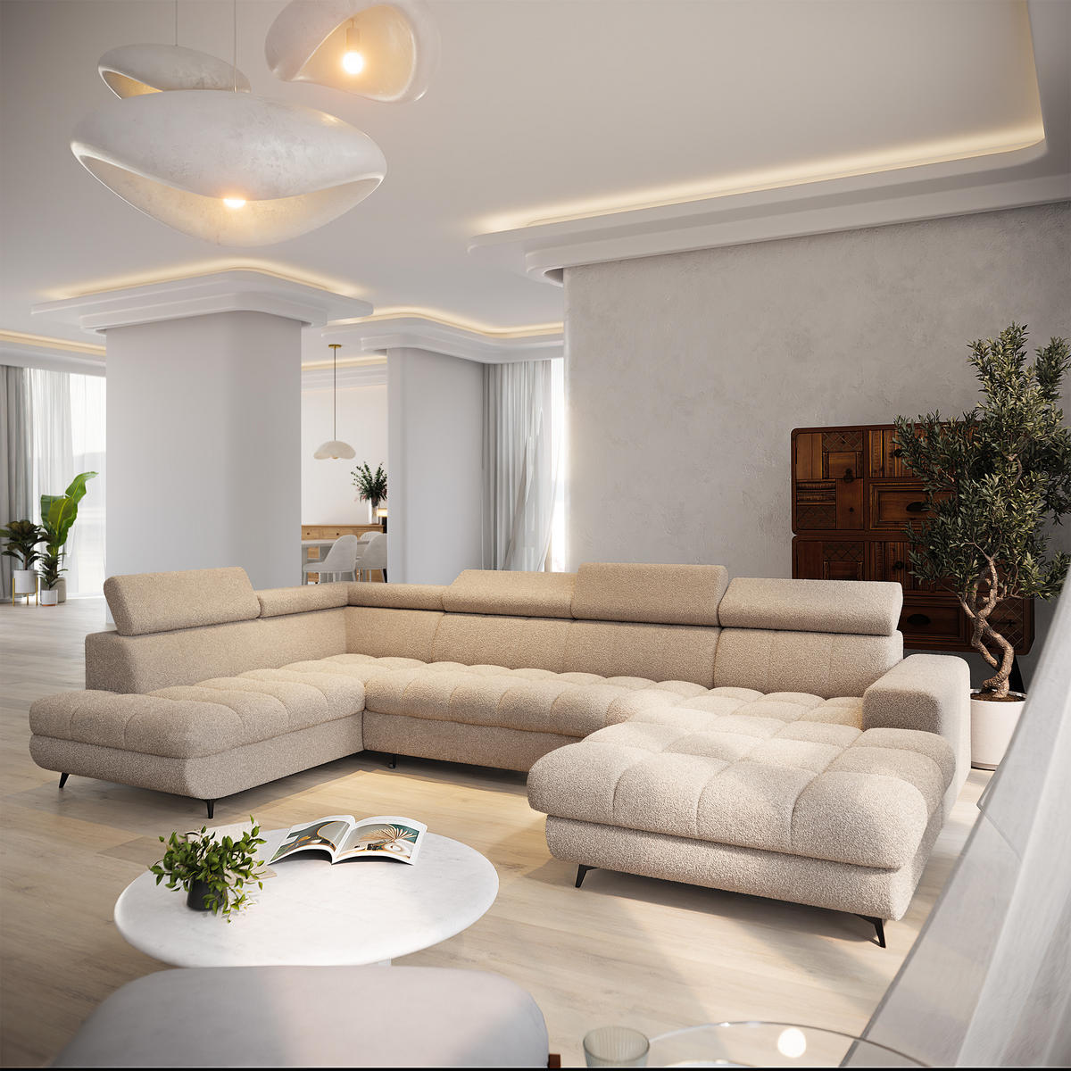 WOHNLANDSCHAFT CORENO Beige Boucle-Stoff mit Schlaffunktion - Beige, Holz (345/88/190cm) - MASSENO