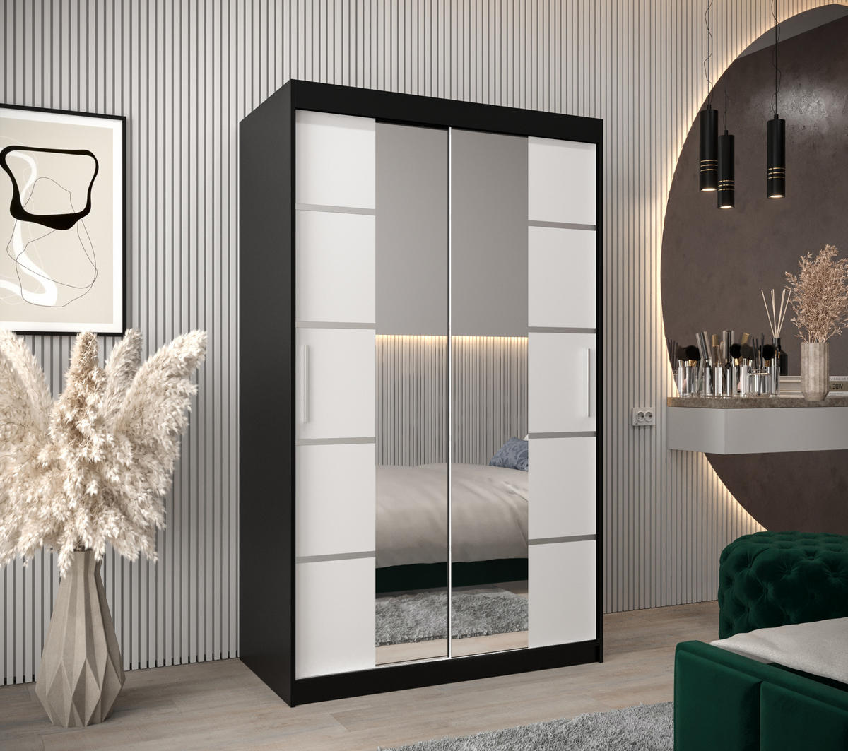 SCHWEBETÜRENSCHRANK 200/120/62 2-türig - Silberfarben/Schwarz, Holz/Kunststoff (120/200/62cm) - Abiks Möbel