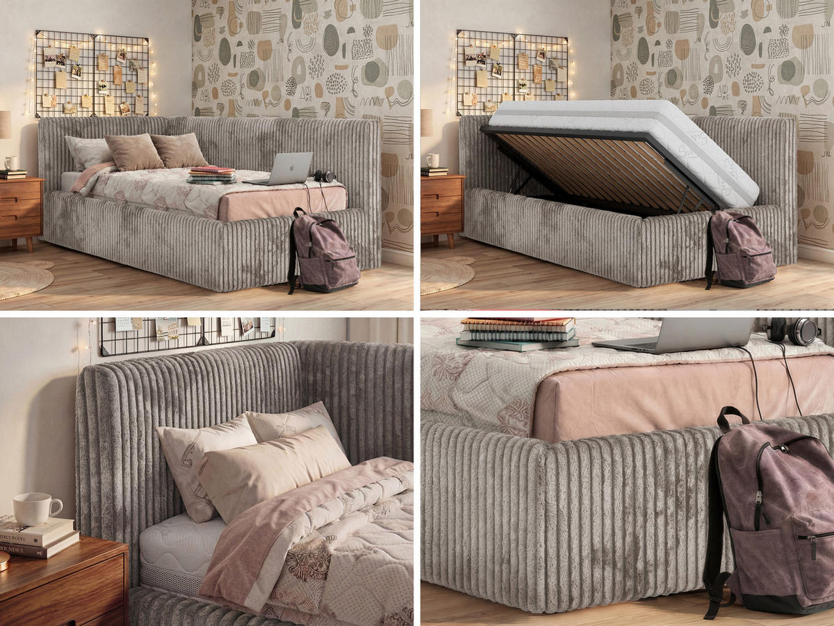 POLSTERBETT TILVO 90/200 - Hellbraun Cord - Taschenfederkernmatratze - Links - Hellbraun, Textil (90/200cm) - MKS