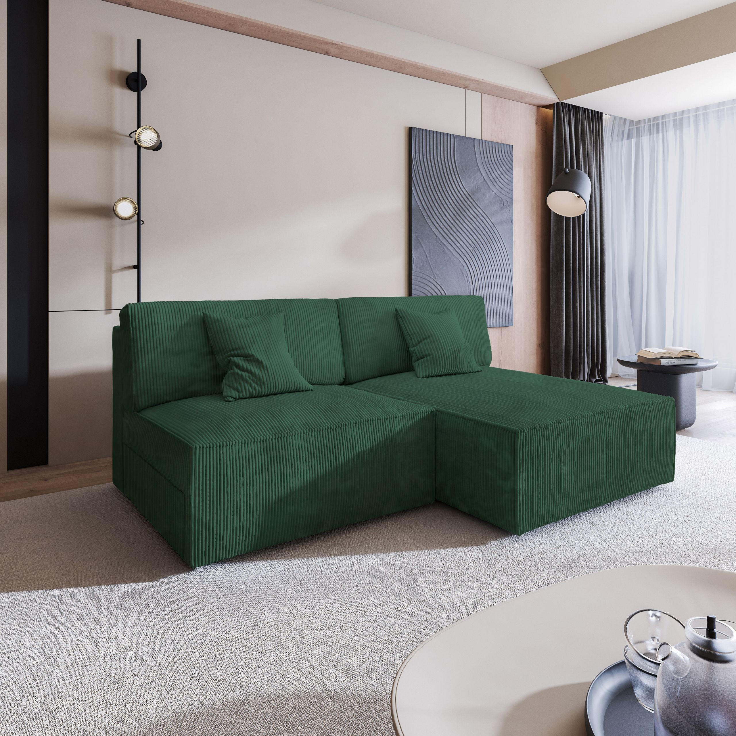 ECKSOFA FIORO P Grün Kordstoff mit Schlaffunktion - Grün, Holz (204/148cm) - MASSENO