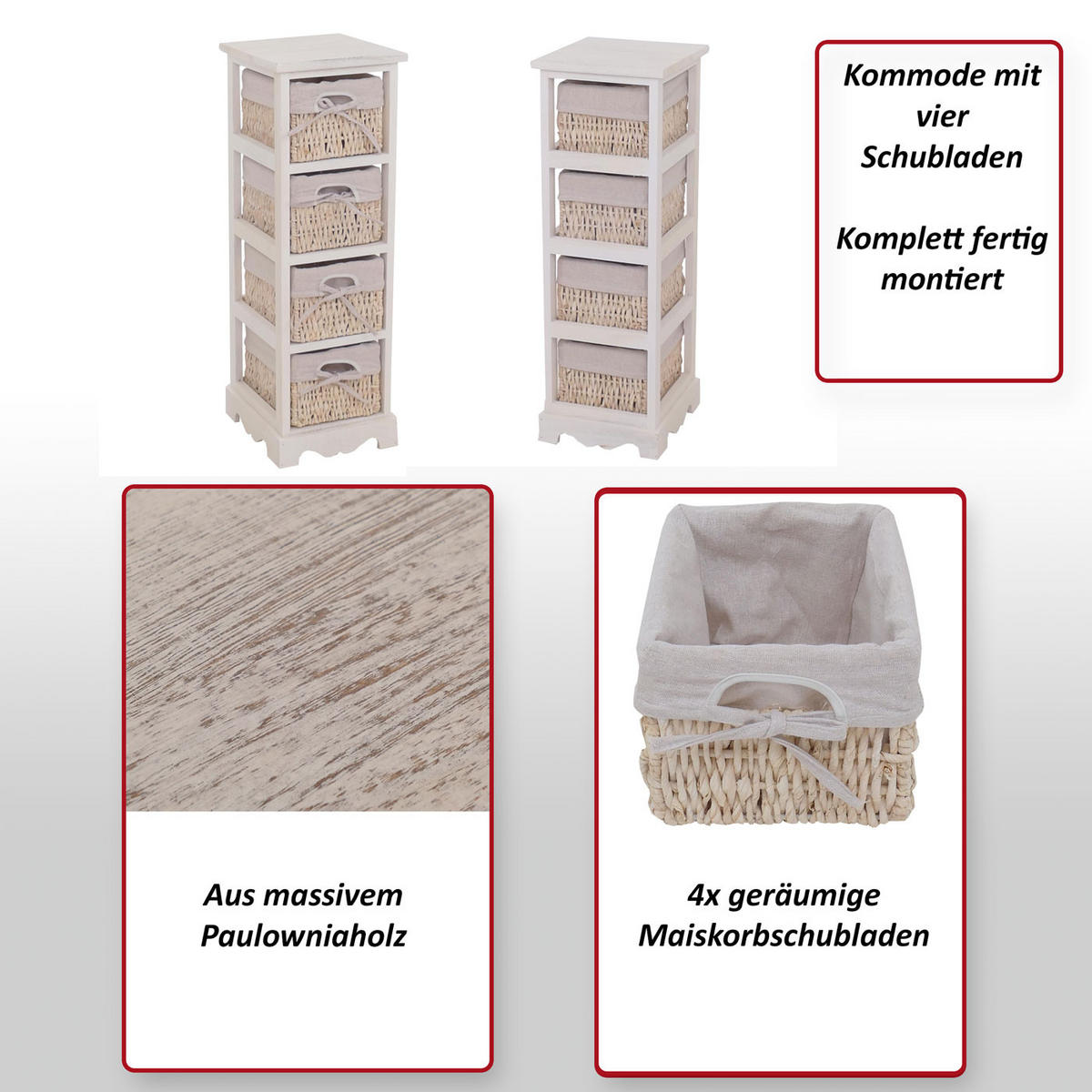 KOMMODE MIT 4 KORBSCHUBLADEN Weiß - Weiß, Holz (25/74/28cm) - MCW