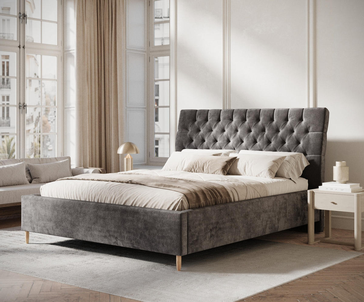 POLSTERBETT Vezzola Dunkelgrau 160/200 cm im Chenille-Stoff - Dunkelgrau/Naturfarben, Holz/Holzwerkstoff (160/200cm) - Maison de Reve