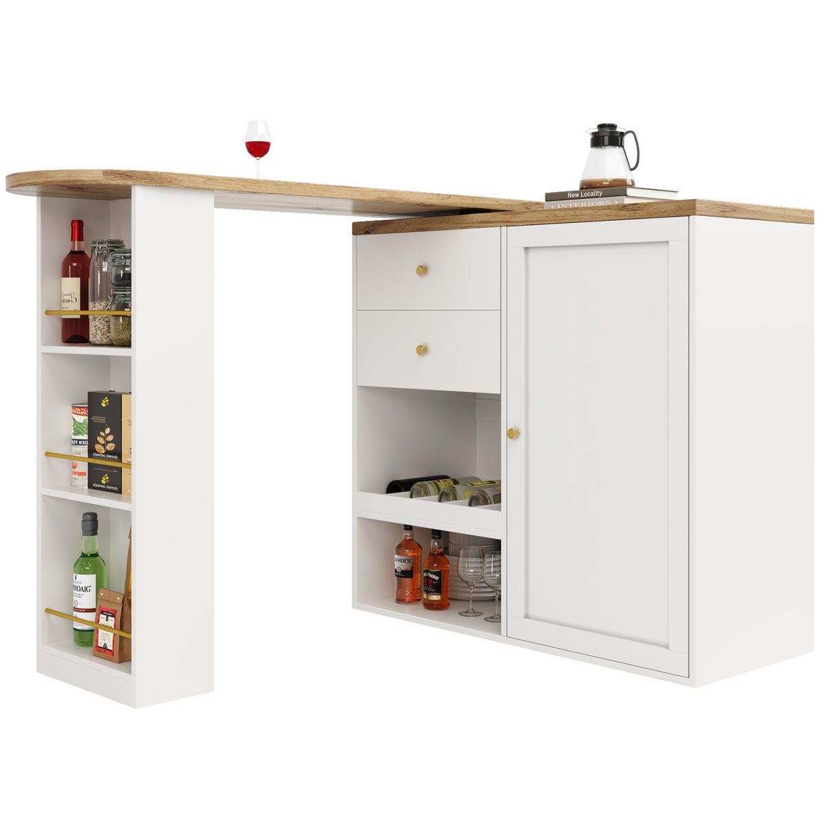 BARSKA miza 138/39/104 cm z vrtljivimi stranskimi regali, 4 predali in odprtimi policami, bela - bela, leseni material (39/102/105cm) - Redom