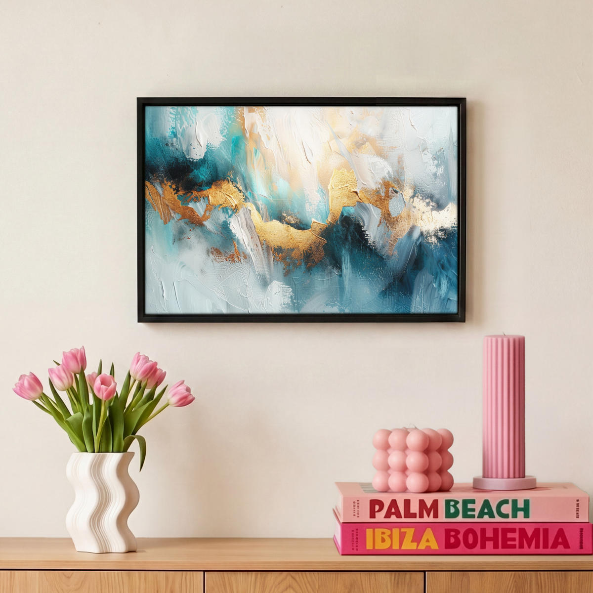 LEINWAND Bilder mit Rahmen - Abstrakt - Kunst - Gold - Blau - 30x20 - Petrol, Textil (30/20cm) - MuchoWow