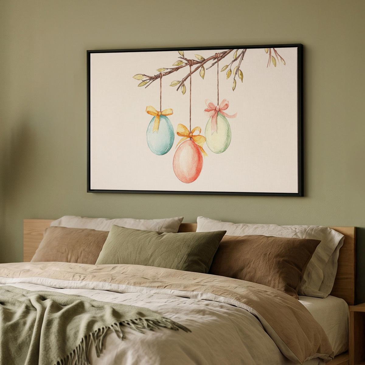 LEINWAND Bilder mit Rahmen - Osterkuchen - Schleife - Eier - 90x60 - Creme, Textil (90/60cm) - MuchoWow