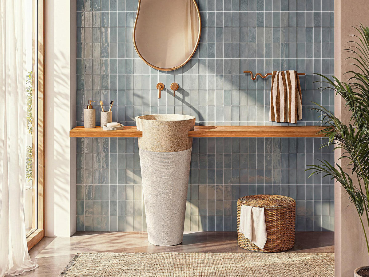 FREISTEHENDES Waschbecken - 40 cm x 40 cm - marmor - cremefarben Lanta - Creme, Stein (40/90/40cm) - Vente-Unique