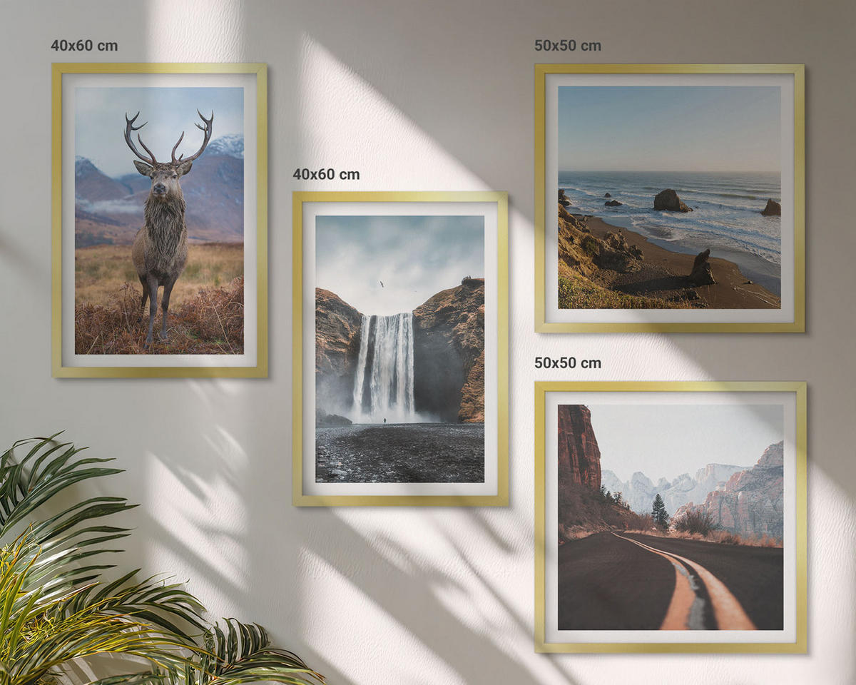 WANDBILDER 4er Set - 50x50 cm & 40x60 cm Goldrahmen - Berglandschaften, Wasserfälle, Hirsche, Strände - Goldfarben, Kunststoff (50/50cm) - ArtPrintCave