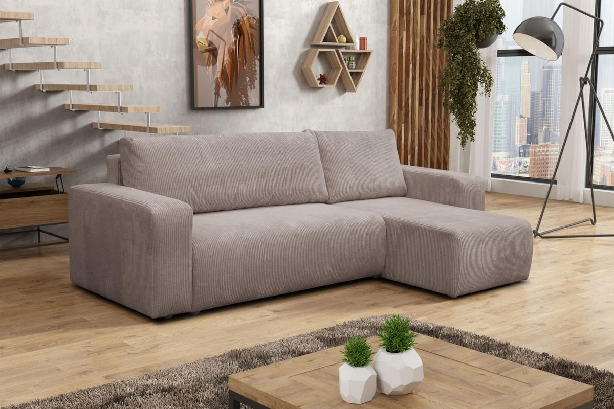 ECKSOFA LUNA mit Schlaffunktion und Bettkasten Cord-Stofff (Braun) - Braun, Textil (244/142cm) - VENASI MÖBEL