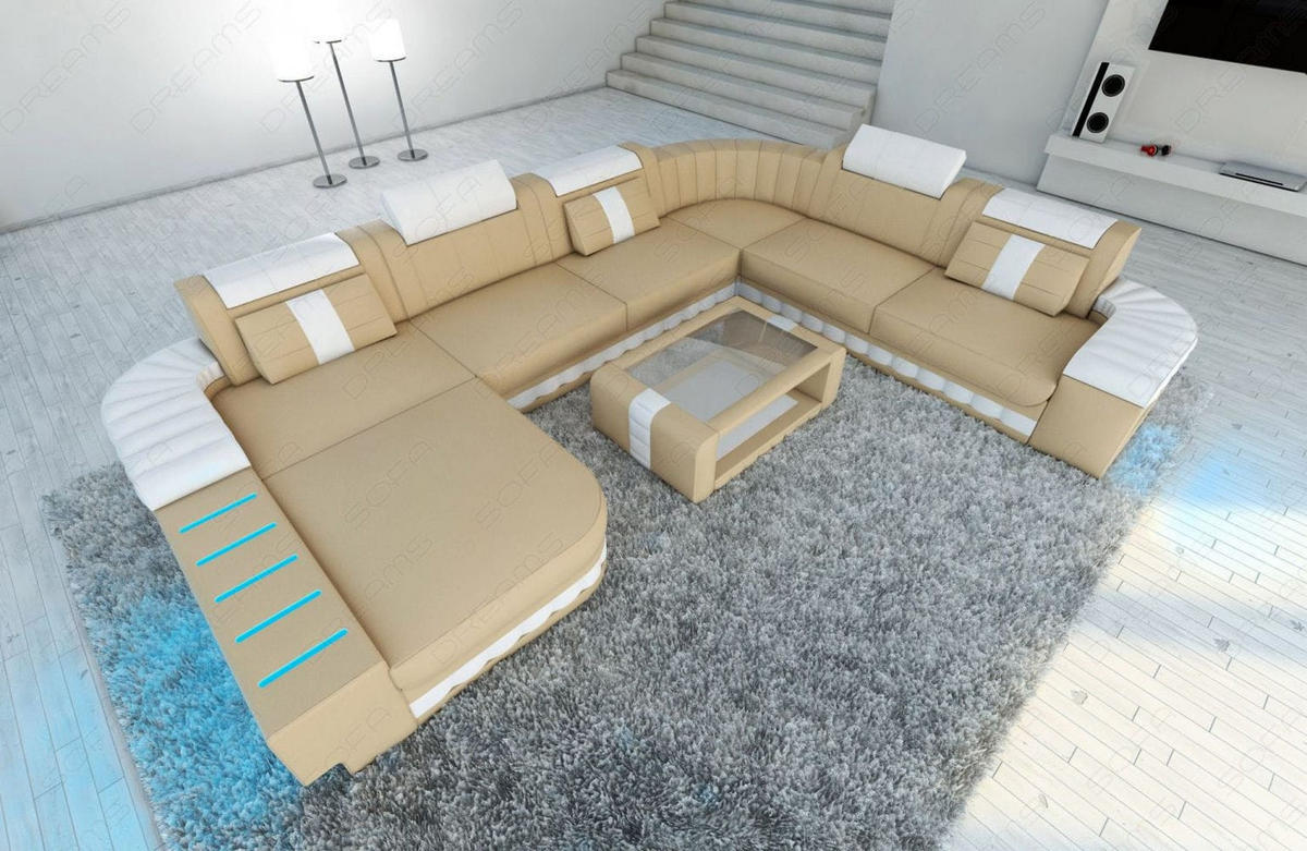 WOHNLANDSCHAFT Bellagio Sandbeige Weiß Büffelleder - Sandfarben, Leder (362/80/287cm)