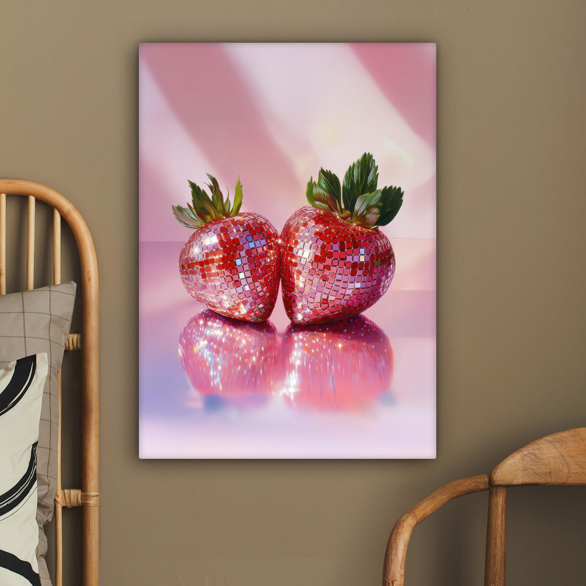 LEINWANDBILD Disco - Obst - Glitzer - Erdbeere 60x80 cm - Pink, Textil (60/80cm) - MuchoWow