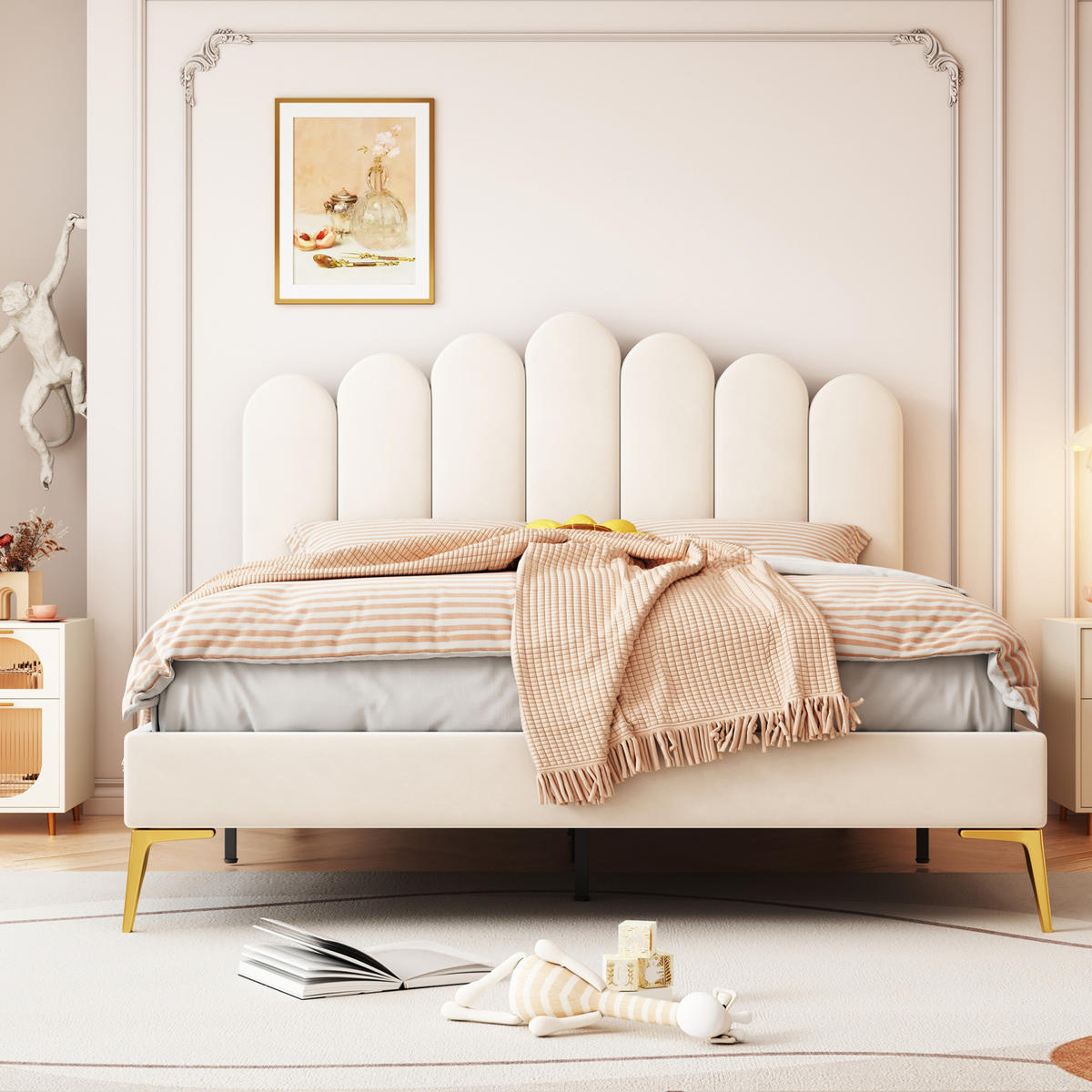 ČALÚNENÁ posteľ z MDF, zamatu a kovu 140x200 cm béžová s nastaviteľným čelom, roštom a nosnosťou 250 kg - béžová, kompozitné drevo (140/200cm) - Modfu