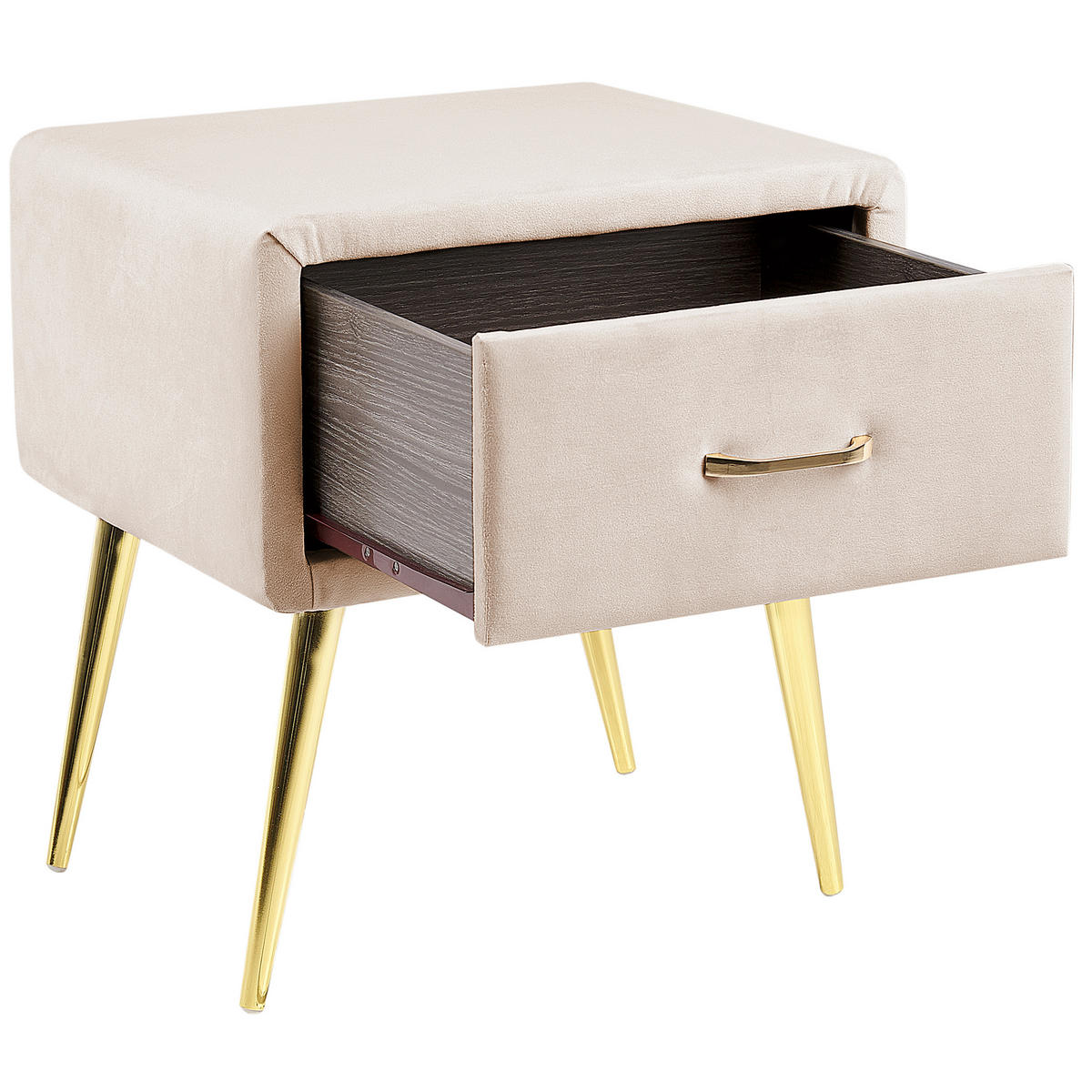 NACHTTISCH Samtstoff beige/gold 1 Schublade 38/46/49 cm Flayat - Beige/Roségold, Textil (46/49/38cm) - Beliani