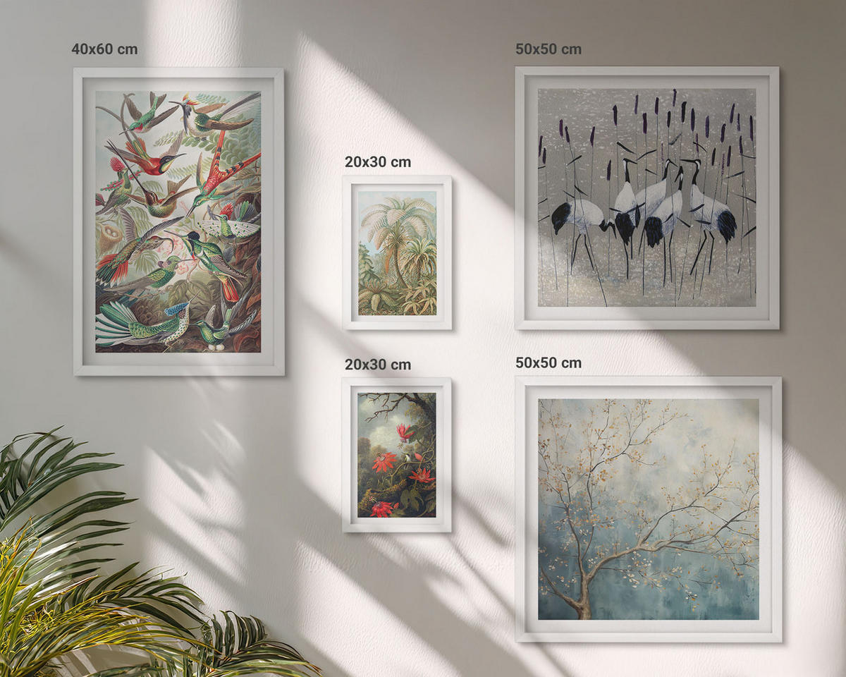 BILDER SET 5er Set - 50x50 cm & 20x30 cm & 40x60 cm Weißer Rahmen - Pastellfarbene Berglandschaft mit rosa Flamingos - Weiß, Kunststoff (40/60cm) - TULUP