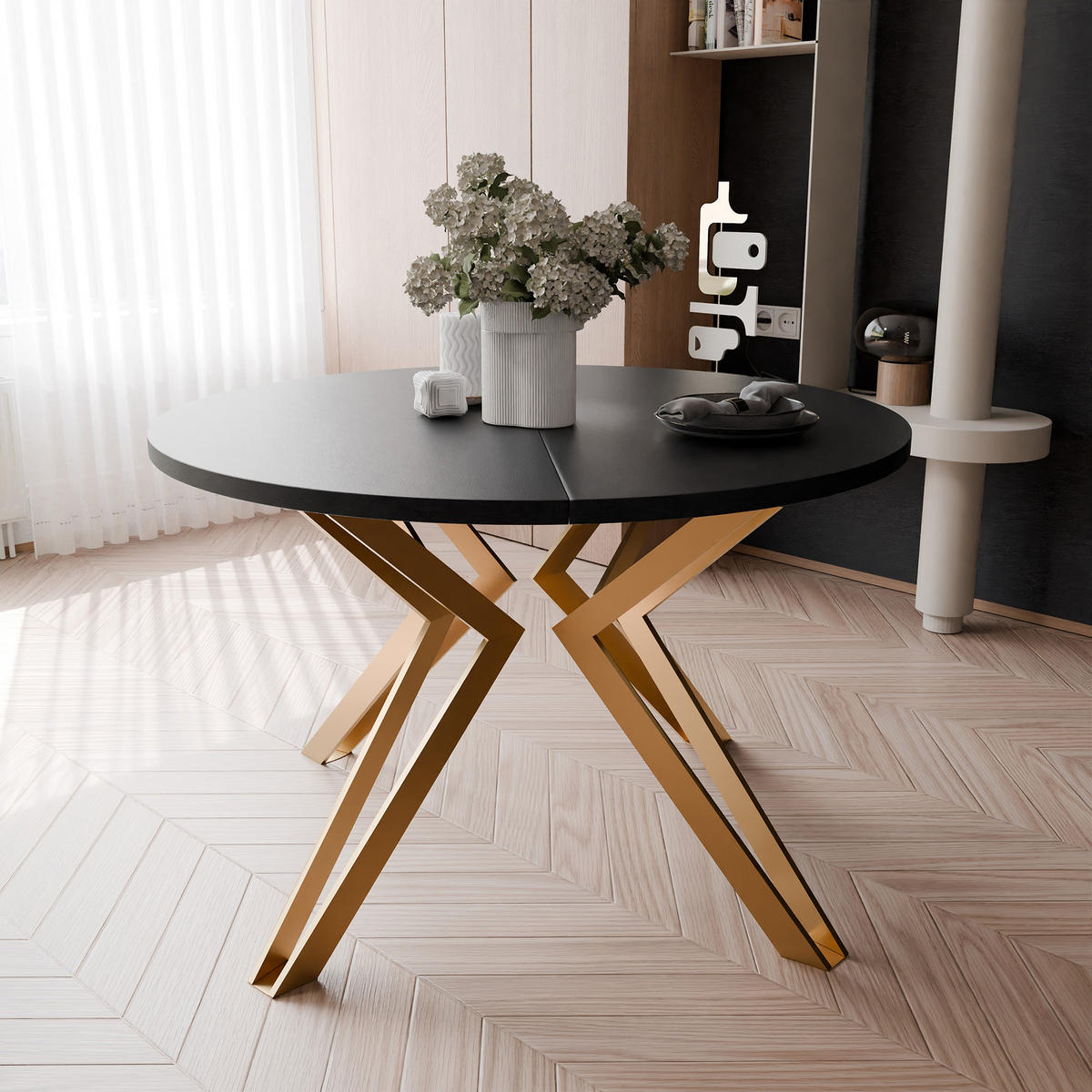 ESSTISCH ausziehbar aus MDF, Schwarz - Goldfarben/Schwarz, Holzwerkstoff (120/120/76cm) - Idohome