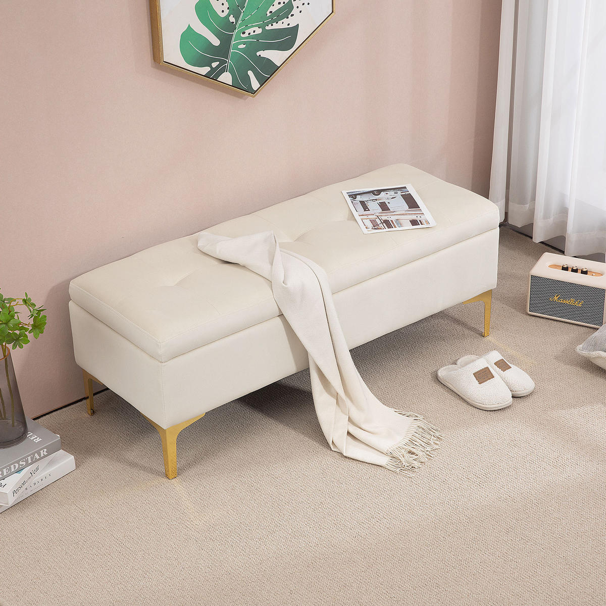 TRUHENBANK DE-07107 gepolstert Beige - Beige, Textil/Metall (44/44.5/120cm) - ComfortXL