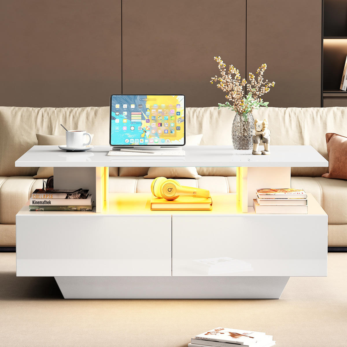 COUCHTISCH in Weiß Couchtisch Hochglanz mit LED-Beleuchtung & 2 Schubladen, ideal fürs Wohnzimmer, B90/T55/H41cm - Weiß, Holzwerkstoff (55/90/41cm) - STILVORA