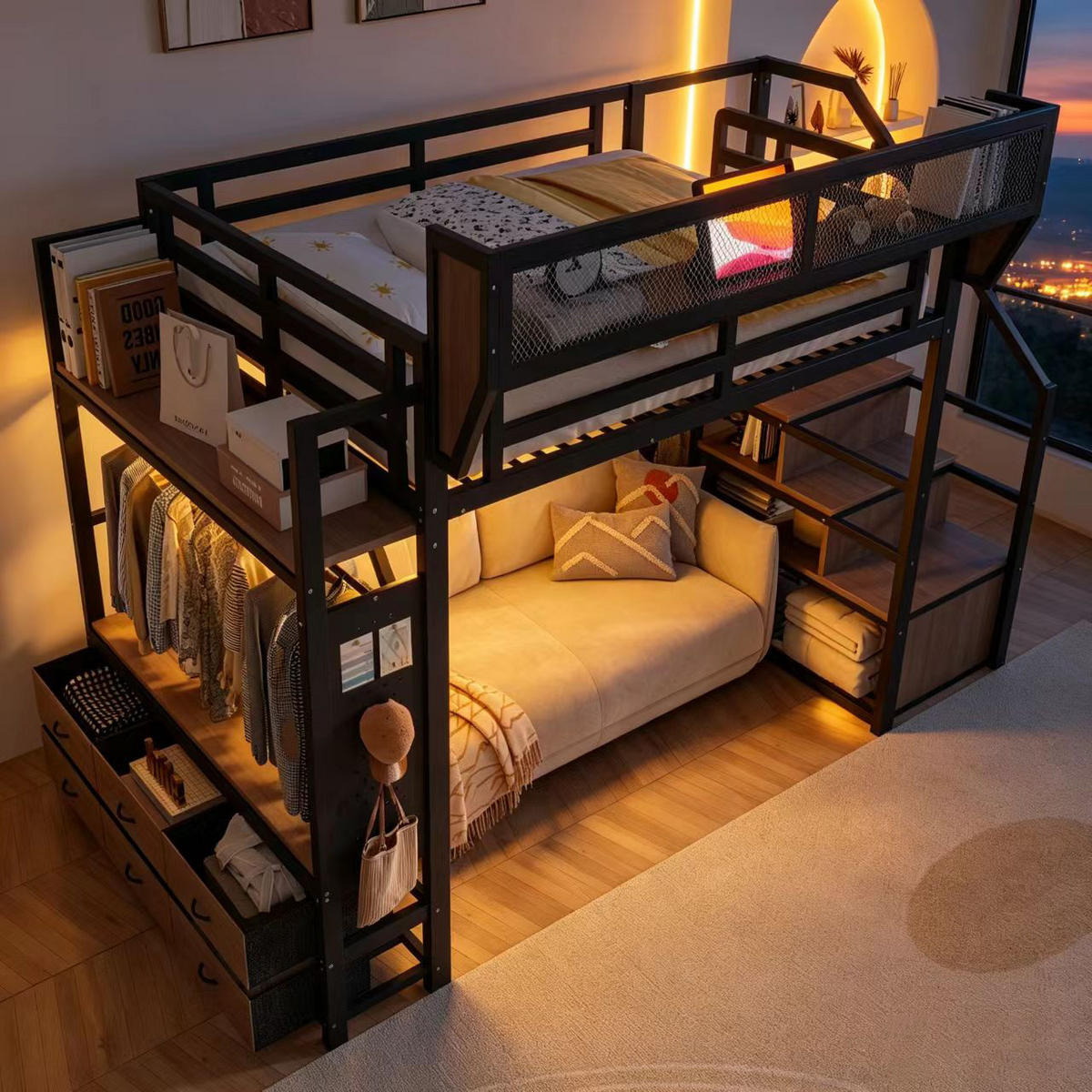 HOCHBETT 140/200 cm in Schwarz mit Stauraum, LED und Ablagen - Schwarz, Holzwerkstoff/Metall (140/200cm) - STILVORA