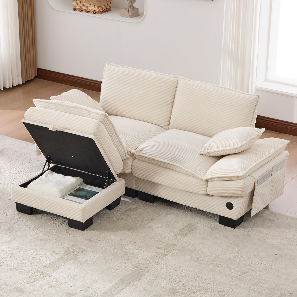 SOFA 2-Sitzer mit Hocker 190 x 132 cm Cord Beige - Beige, Kunststoff (132/190.1cm) - Meubliv
