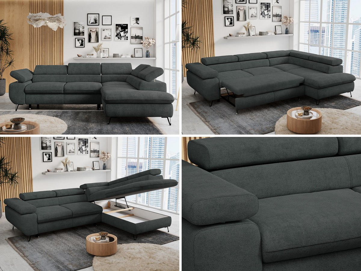 ECKSOFA PETER L Dunkelgrau Struktur - Rechts Seite - Dunkelgrau/Schwarz, Textil/Metall (273/208cm) - MKS