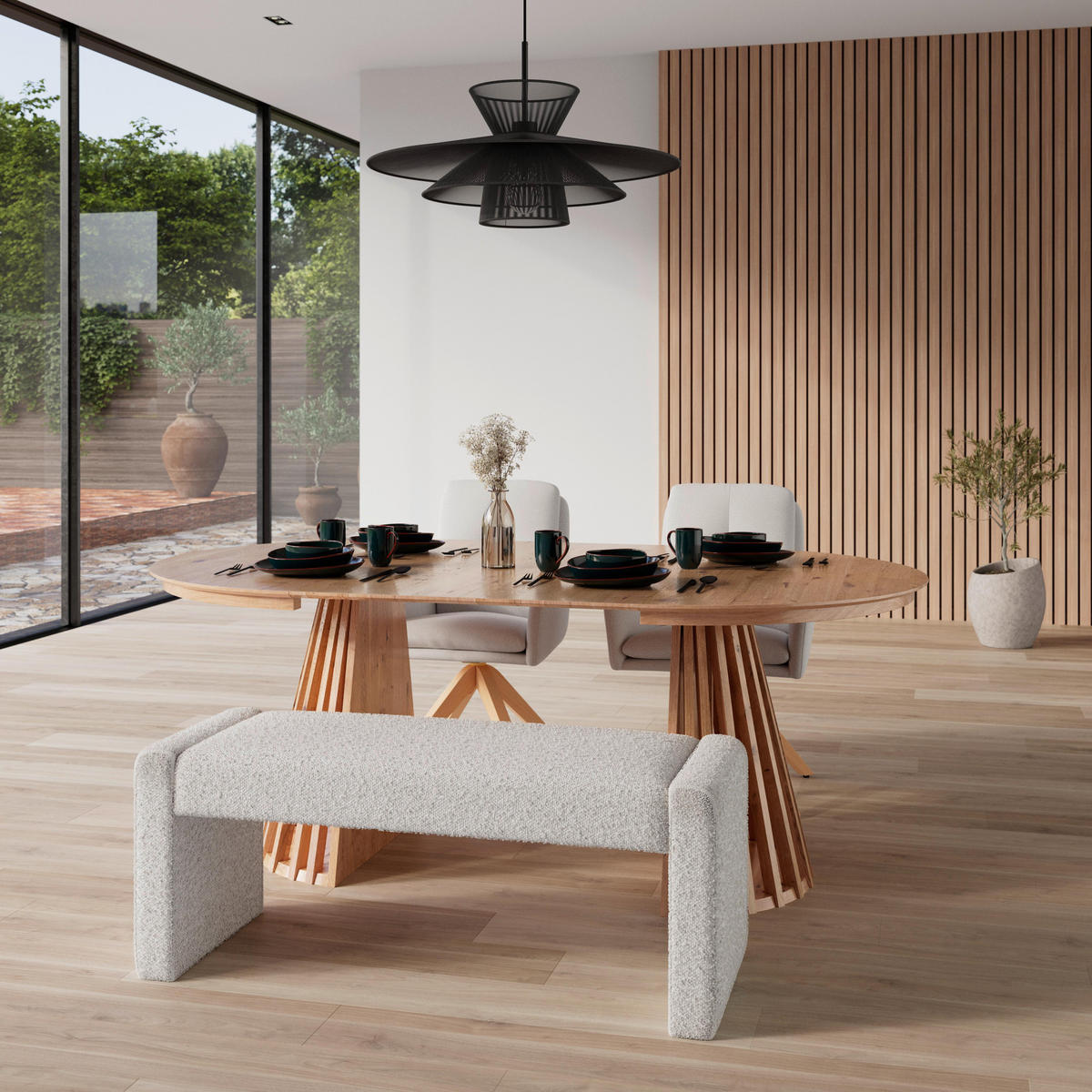 SITZBANK Andrea Weiß Bouclé Gepolstert - Weiß, Holz (123/50/45cm) - Bessagi Home