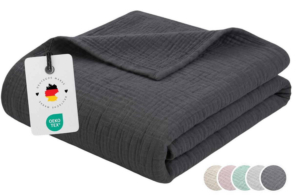 WOHNDECKE Musselin 150 x 200 cm, Leichte Kuscheldecke aus 100% Baumwolle - Nutzbar als Tagesdecke, Plaid oder Decke für Sofa, Couch & Bett - Anthrazit - Anthrazit, Textil (150/200cm) - Carpe Sonno